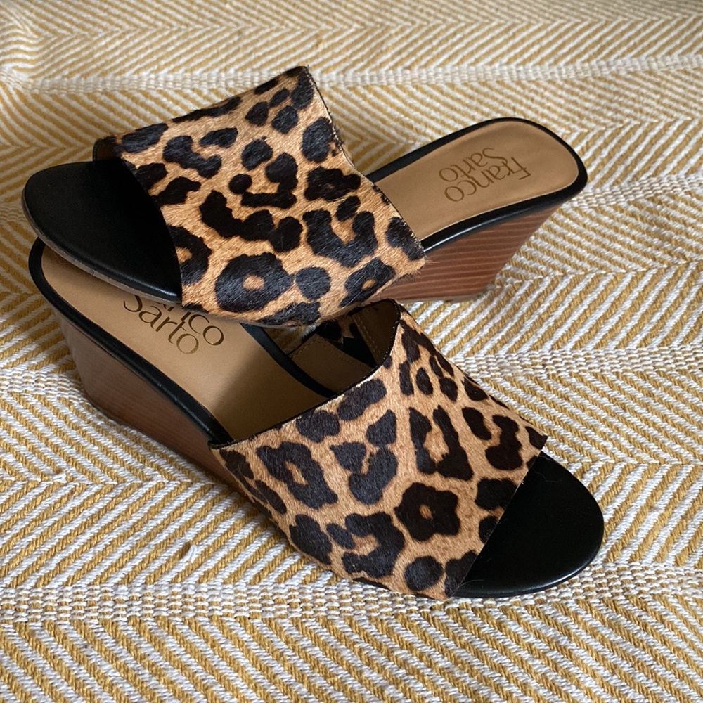 Franco Sarto Leopard  peep toe 3 inch wedges size 6